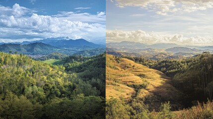 A before-and-after comparison of a forested mountain region transitioning to agricultural land,