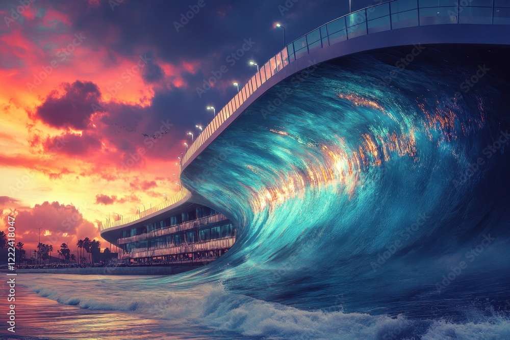 Poster a wave crashing into a building with a sunset in the background