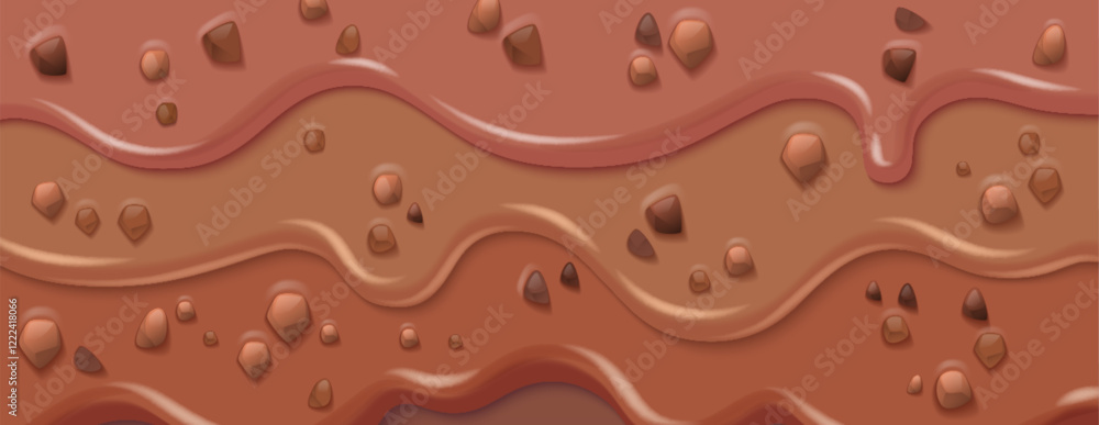 Poster chocolate drips with candy chunks - realistic smooth flowing streams of melted cocoa, caramel waves 