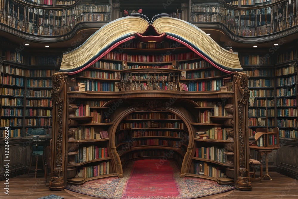 Aufkleber a large bookcase with a bookcase that is open to the ceiling