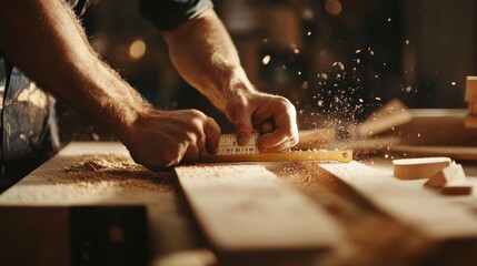 A carpenter measuring and cutting wood in a busy workshop, with sawdust and woodworking tools scattered around, Carpentry scene