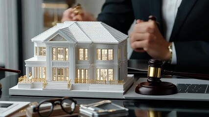 An upscale property model is showcased at an auction, while auctioneer prepares gavel and notes for the upcoming bidding session