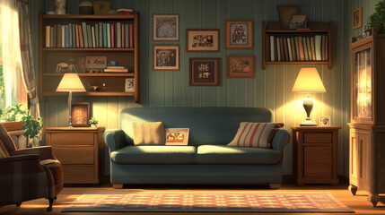 Living room with sofa and armchair. Vector cartoon illustration of cozy lounge interior with couch with pillows, chair, floor lamp, shelf with books, carpet and pictures on wall