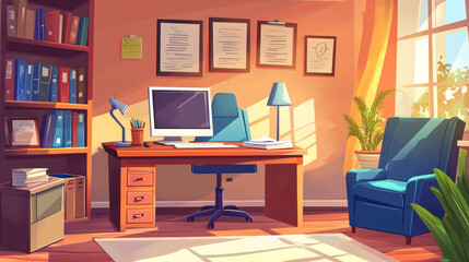 Fototapeta premium Company office room with furniture. Vector cartoon illustration of lawyer or accountant workspace, computer and lamp on desk, folders with documents on shelf, blue armchairs, abstract picture on wall