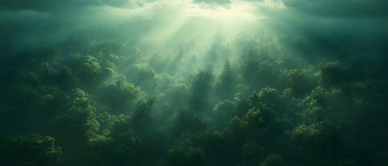 Fototapeta premium Aerial Forest Sunbeams, Misty Canopy