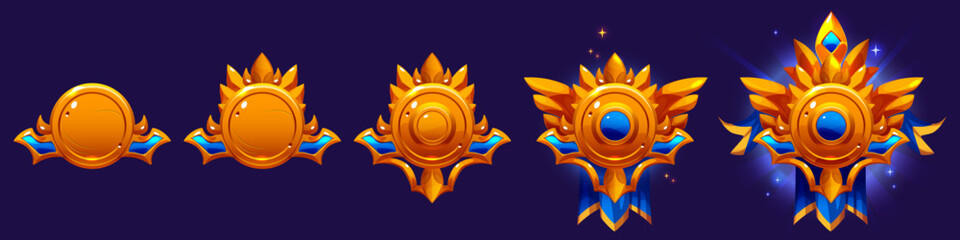 Game rank badges set isolated on background. Vector cartoon illustration of round golden medals decorated with blue gemstones and ribbons, glowing level progress symbol, military insignia, winner