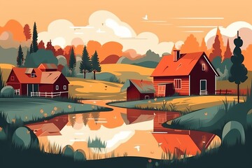 Cartoon illustration of farm with barn and green plants in countryside with beautiful view
