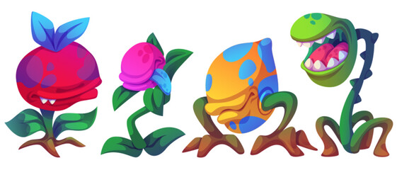 Monster plants set isolated on white background. Vector cartoon illustration of giant alien flower with open toothy mouth and tongue, scary fairytale garden creatures, biting predator in magic forest