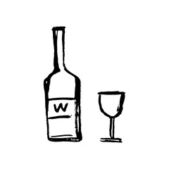 Wine Bottle and Wine Glass Hand Drawn Grunge Drawing. Wine Abstract Minimal Simple Linear Drawing. Drink Concept Dirty Grunge Vector Illustration. Modern Trendy Contour Art.