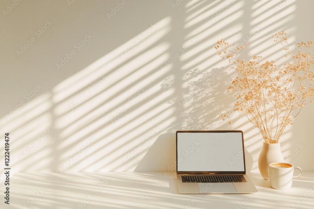 Poster Minimalist Chic Workspace Sleek Laptop and Coffee on Elegant Desk - Enhancing Self-Paced Digital Learning and Skill Development in Professional Growth Platforms