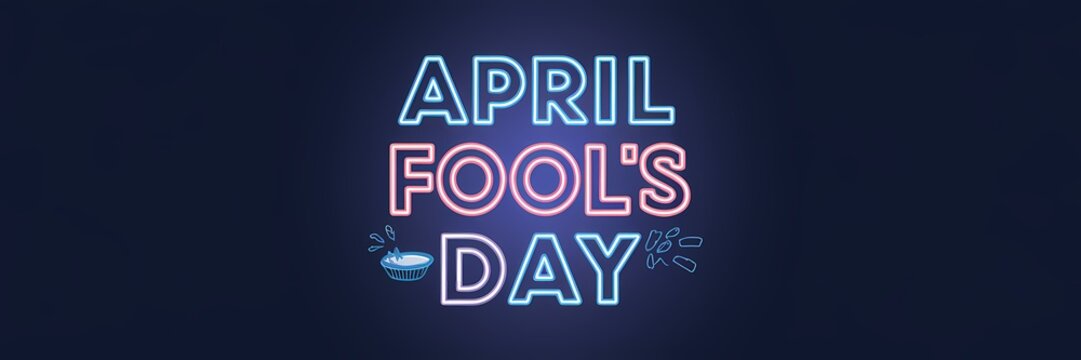 A creative minimalist April Fool's Day poster design with a neon theme. The text "April Fool's Day" is written in large, bold letters. Below the text, there is a small illustration of a pie 