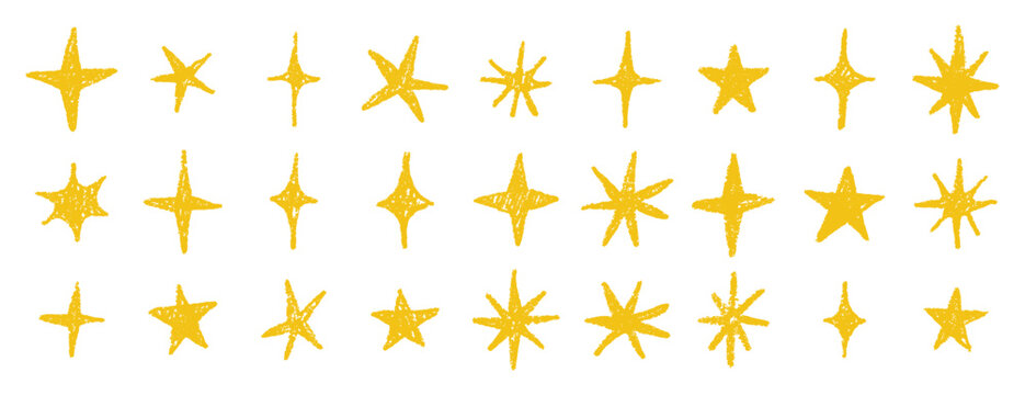 Naklejki gold chalk crayon doodle stars set. Shine and sparkle hand drawn drawing collection. Children style yellow wax pencil elements. Grunge texture star shapes.