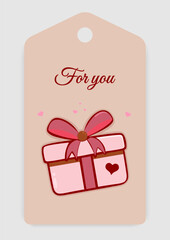 Beige gift tag featuring For You text and pink wrapped present with a bow and heart details. Perfect for Valentine's day, special occasions and gift wrapping. Vector