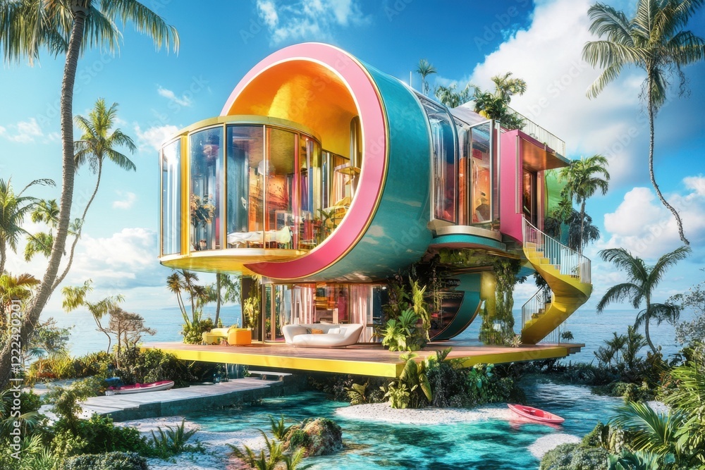 Poster a colorful house with a pool and a waterfall in front of it