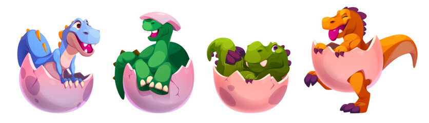 Cute reptile babies hatching from eggs - set of newborn dinosaurs with different expressions. Collection of blue, green, and orange smiling characters for children game design or nursery decoration.