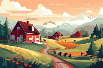 Cartoon illustration of farm with barn and green plants in countryside with beautiful view