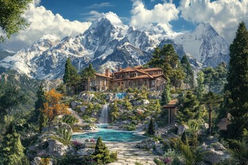 A mountain landscape with a house and a pool