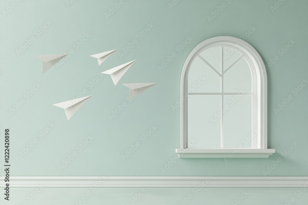 Aufkleber minimalist modern office design floating paper airplanes near arched window for remote connectivity 