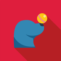 Blue dog balancing yellow ball on its nose in a minimalist vector illustration with long shadow on red background