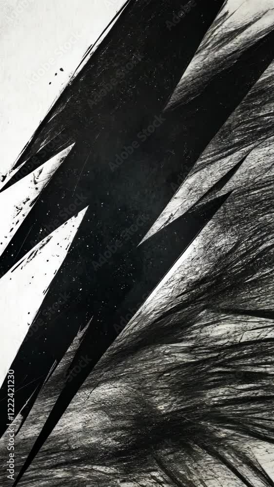 Poster dynamic black and white artwork representing energy and movement with abstract shapes and textures