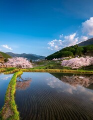 Fototapeta premium 春の棚田、桜の木々が水面に映る山岳地帯の風景 