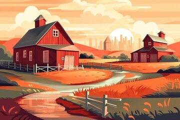 Cartoon illustration of farm with barn and green plants in countryside with beautiful view