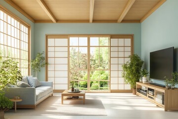 Serene living room, Japanese design, garden view, sunlight, relaxation, home decor