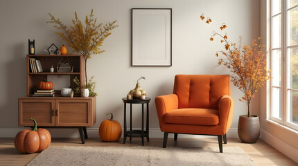 Autumn coziness: living room with orange armchair, black coffee table and autumn decorations on neutral wall. Interior for seasonal home decoration.