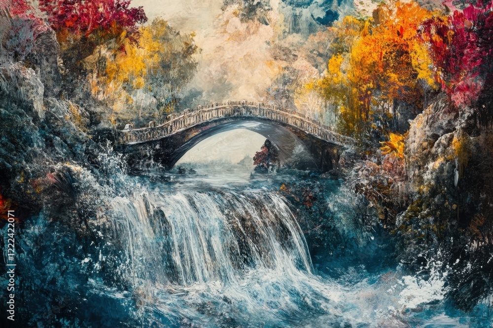 Poster a painting of a bridge over a waterfall with a bridge in the background