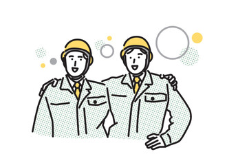 シンプル　イラスト　肩を組む作業員の男性たち