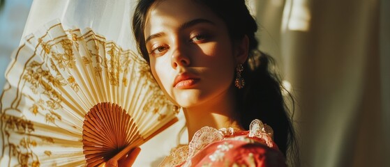 A young woman in a delicate traditional dress holds an ornate fan, basking in warm, soft light.