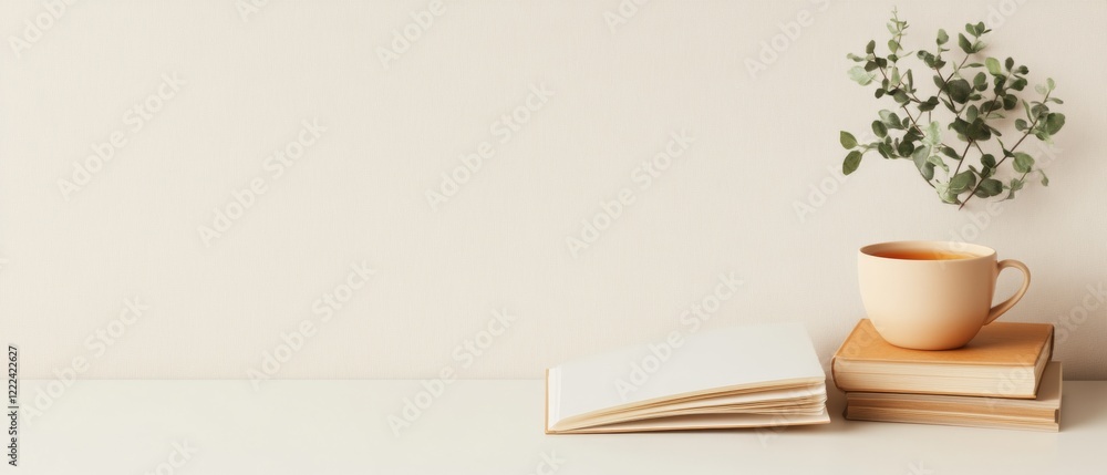 Poster minimalist workspace aesthetic open book with grammar manuals and tea on neutral desk - enhancing wr