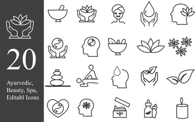 Ayurvedic, Spa, Beauty Editable Icons. Vector, illustrator.
