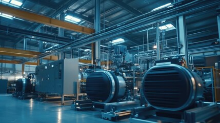 Fototapeta premium A large industrial air compressor system operating in a modern manufacturing facility, showcasing powerful equipment in a factory production setting.