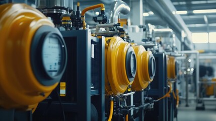 Obraz premium A large industrial air compressor system operating in a modern manufacturing facility, showcasing powerful equipment in a factory production setting.