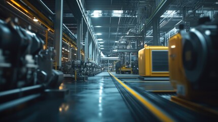 A large industrial air compressor system operating in a modern manufacturing facility, showcasing powerful equipment in a factory production setting.