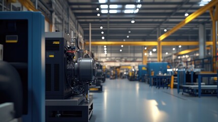 Fototapeta premium A large industrial air compressor system operating in a modern manufacturing facility, showcasing powerful equipment in a factory production setting.