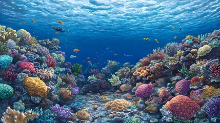 Fototapeta premium Vibrant Underwater Coral Reef Scene with Colorful Fish