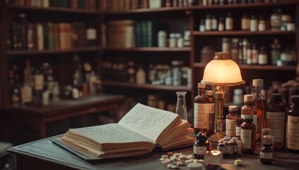 Fototapeta premium Vintage Apothecary: A Study in Warm Light and Ancient Remedies