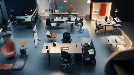 Contemporary Open Office Layout with Ergonomic Furniture and Warm Lighting, Creating an Inviting Workspace Environment.