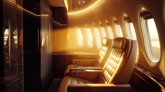 Luxury airplane seets with sun shining trough window