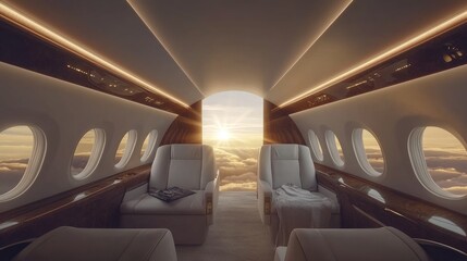 Obraz premium Luxury airplane seets with sun shining trough window