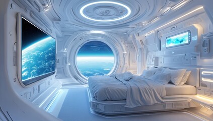 Obraz premium Futuristic Spaceship Bedroom with Earth View