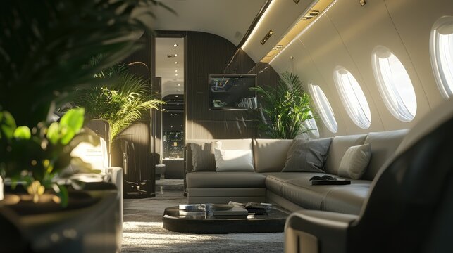 Luxury airplane seets with sun shining trough window