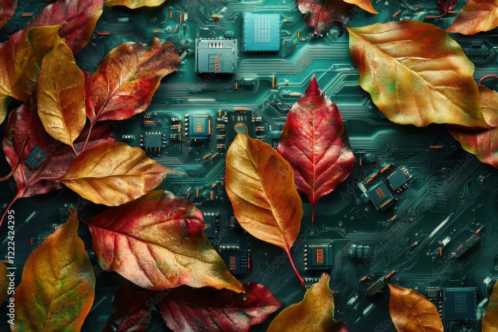 Aufkleber a computer chip is surrounded by leaves, creating a unique and artistic design