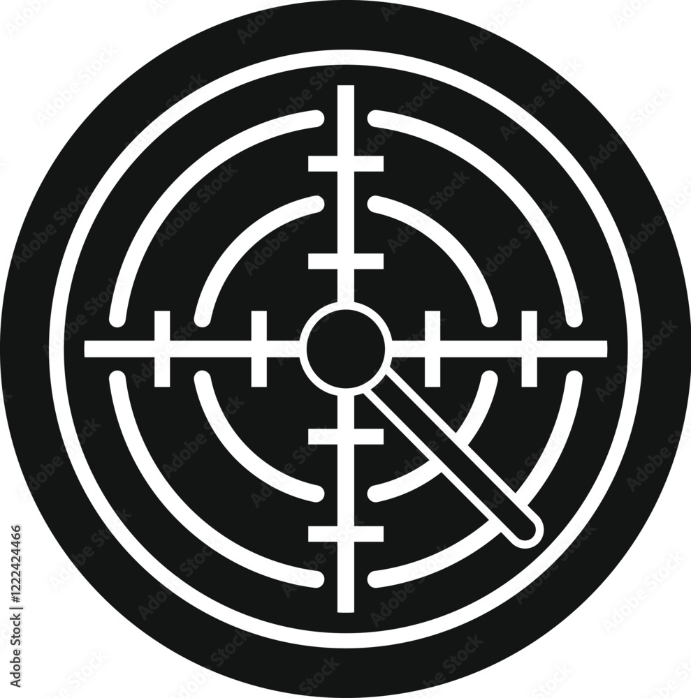 Poster radar screen detecting a target, represented by a crosshair and concentric circles, indicating objec
