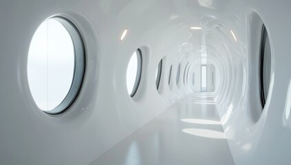 Futuristic White Corridor with Circular Windows: Architectural Design
