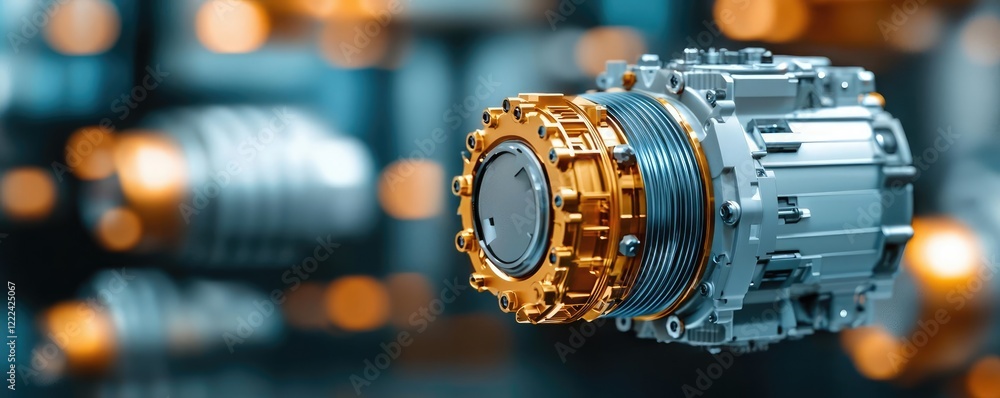 Poster energy efficiency idea. close-up of a modern mechanical part with intricate designs and vibrant colo