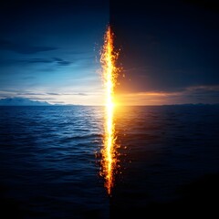 Obraz premium Fiery Horizon Over Calm Sea at Sunset with Dramatic Sky Elements