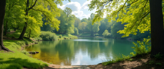 Fototapeta premium Beautiful bright natural landscape in spring and summer with lake in park surrounded by green trees in sunlight and stone path in foreground.
